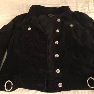 Black velvet I.n.c. Jacket with rhinestone buttons and buckle adornment
